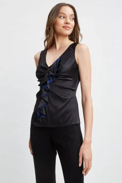 Elie Tahari Tops & Sweaters-Silk Satin Sleeveless Ruffle Top BLACK