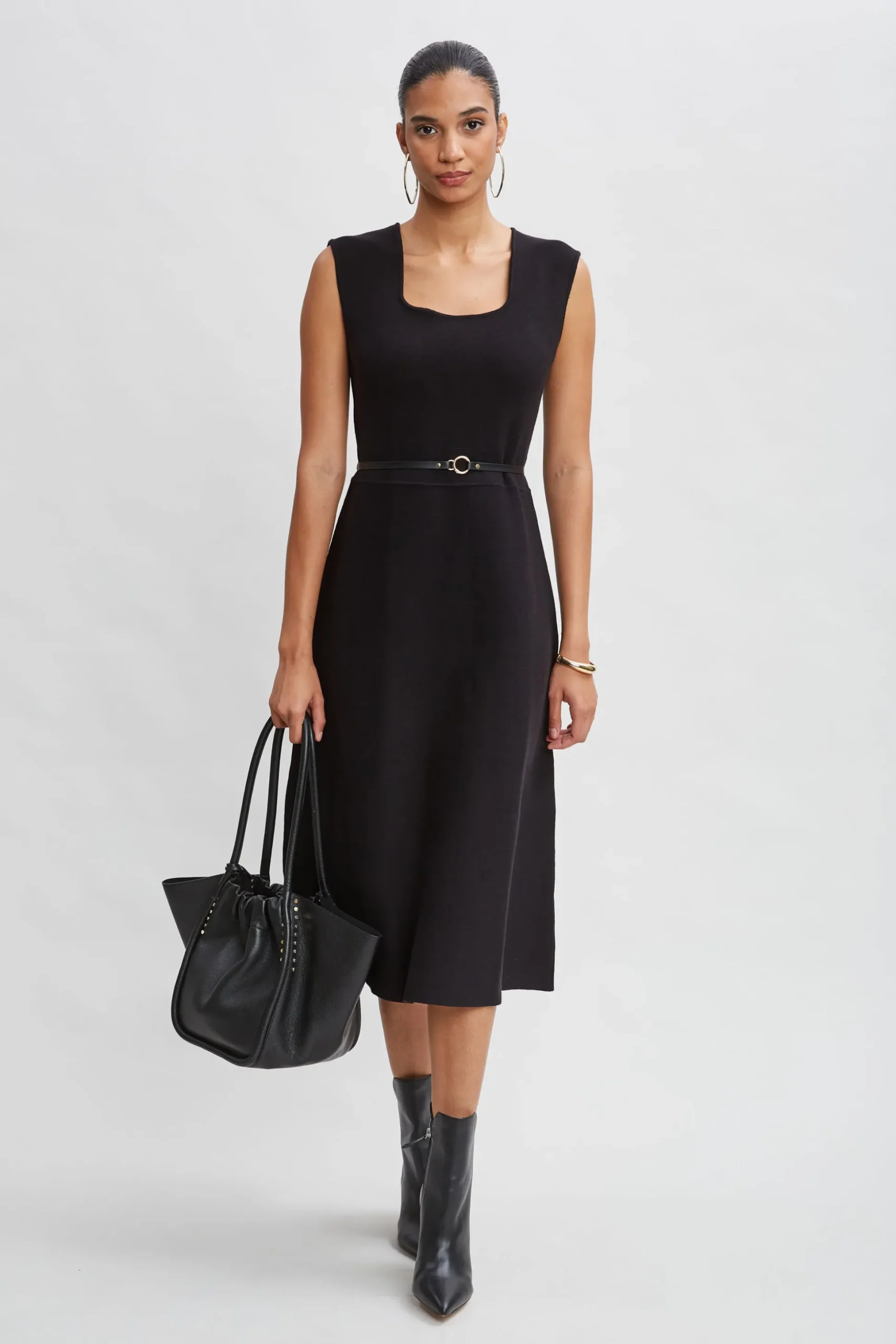 Elie Tahari Dresses & Jumpsuits|Sleeveless Dresses-Square Neck Belted Sweater Dress Noir