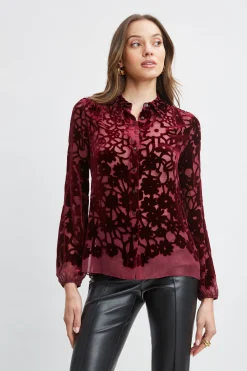 Elie Tahari Tops & Sweaters-Stencil Burnout Velvet Shirt BORDEAUX
