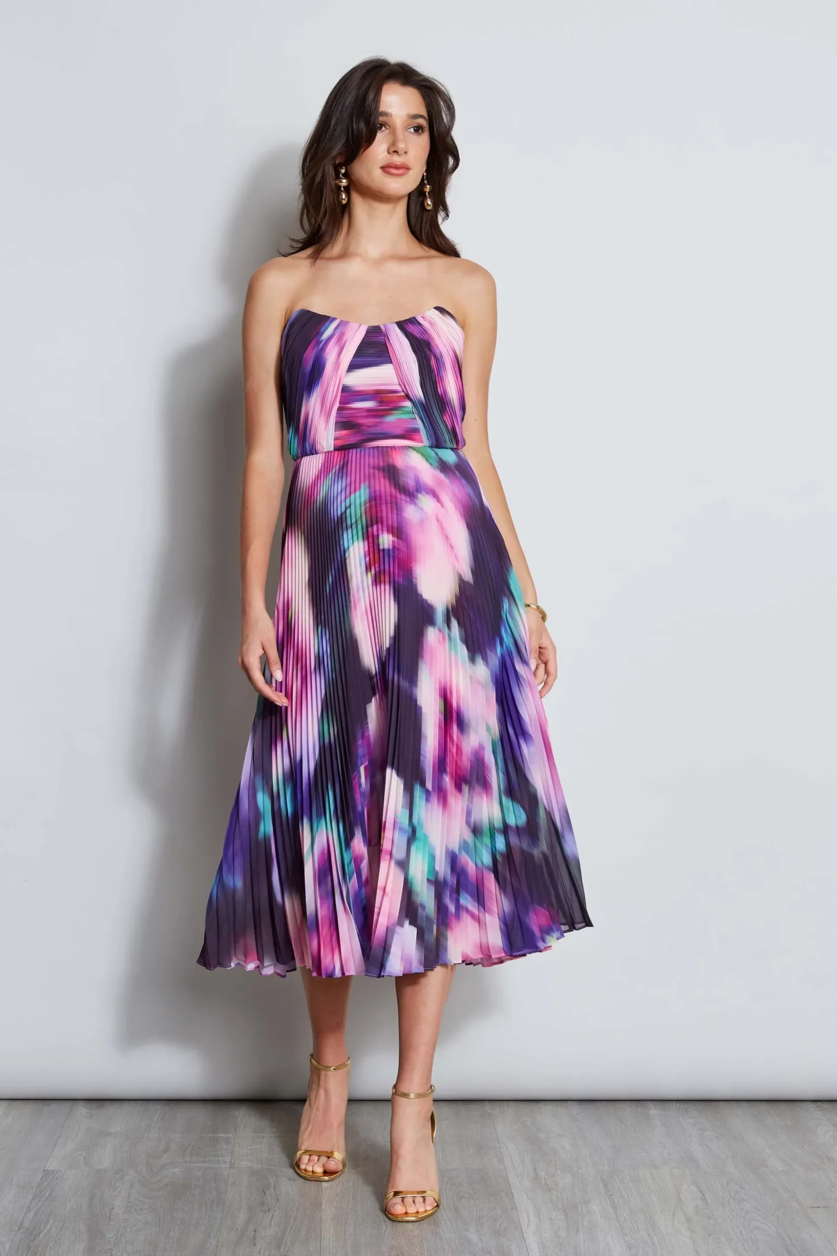 Elie Tahari Dresses & Jumpsuits|Sleeveless Dresses-Strapless Pleated Print Midi Dress MULTI