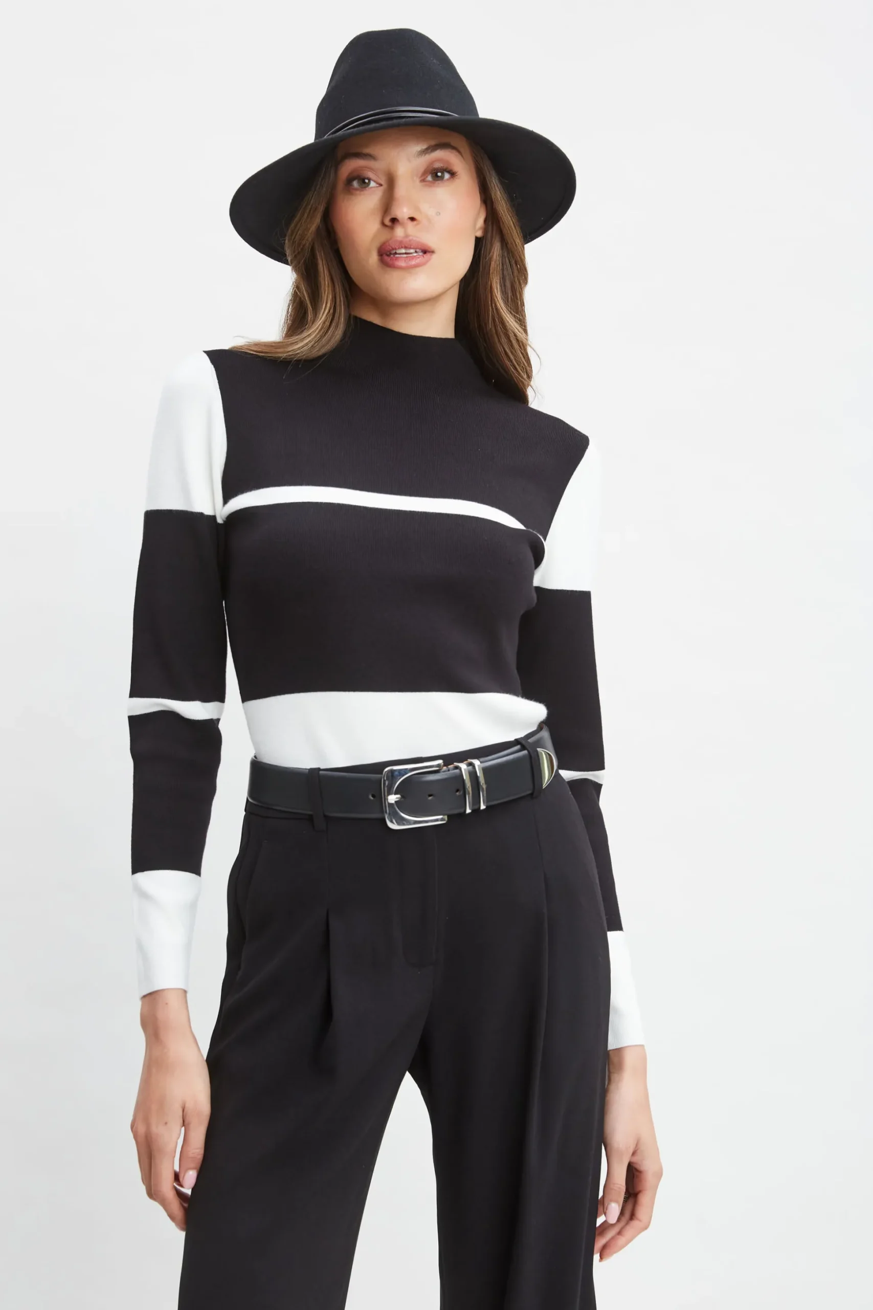 Elie Tahari Tops & Sweaters-Stripe Mock Neck Sweater Noir/SkyWhite