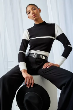 Elie Tahari Tops & Sweaters-Stripe Mock Neck Sweater Noir/SkyWhite