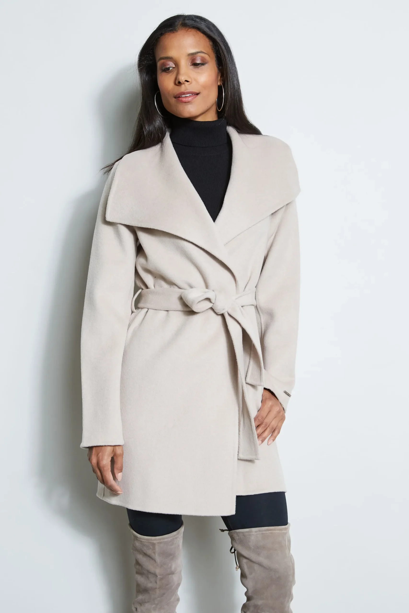 Elie Tahari Coats-Tahari Double Face Lightweight Wool Wrap Coat SoftAlmond
