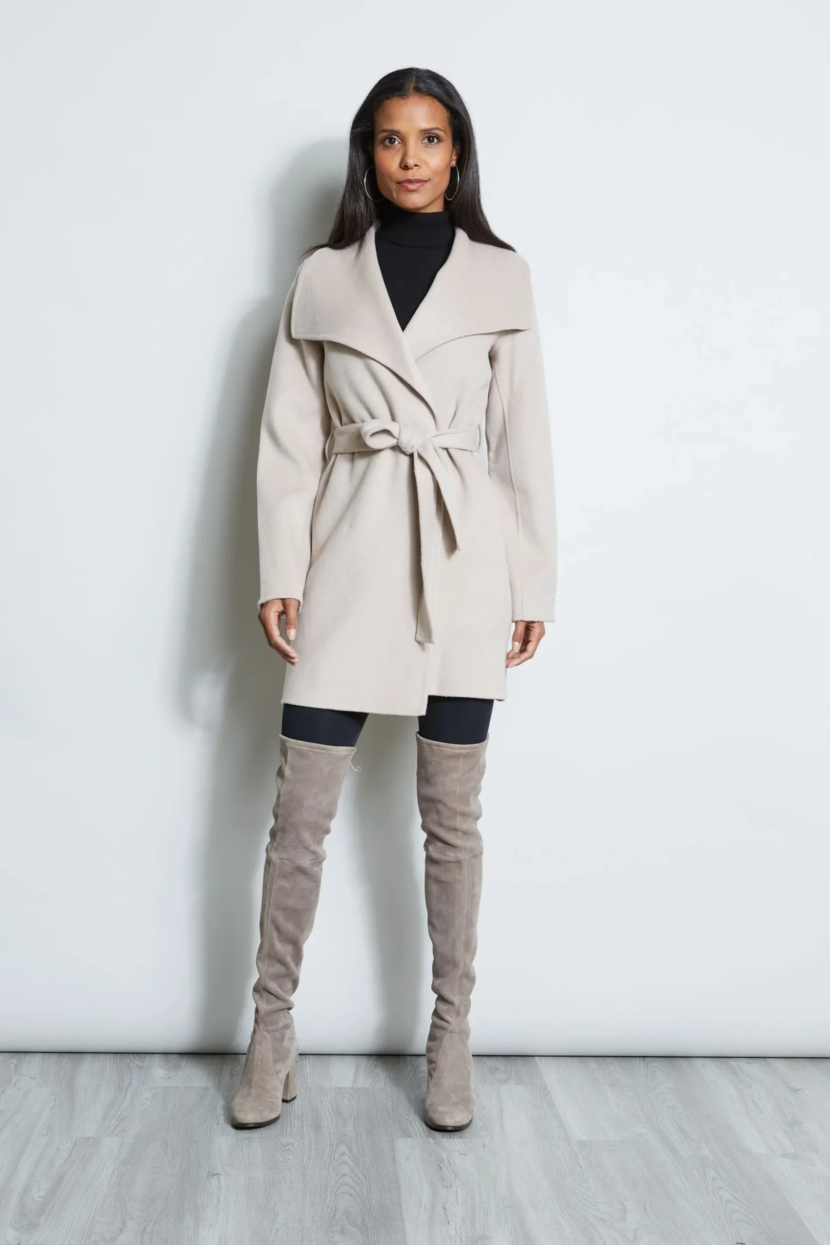 Elie Tahari Coats-Tahari Double Face Lightweight Wool Wrap Coat SoftAlmond