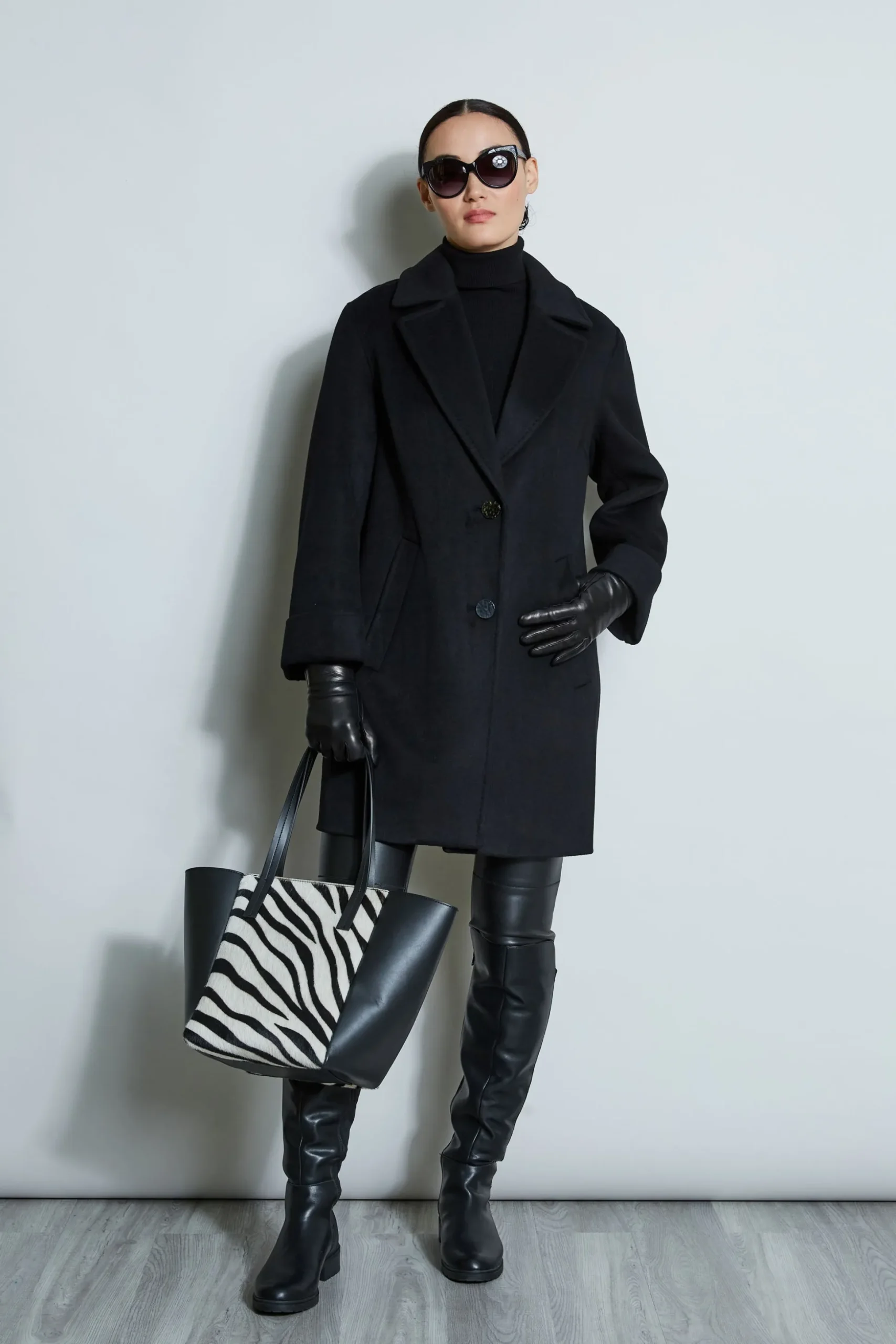 Elie Tahari Coats-Tahari Double Face Wool Blend Two Button Coat BLACK