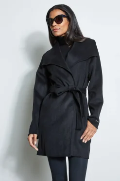 Elie Tahari Coats-Tahari Double Face Wool Lightweight Wrap Coat BLACK