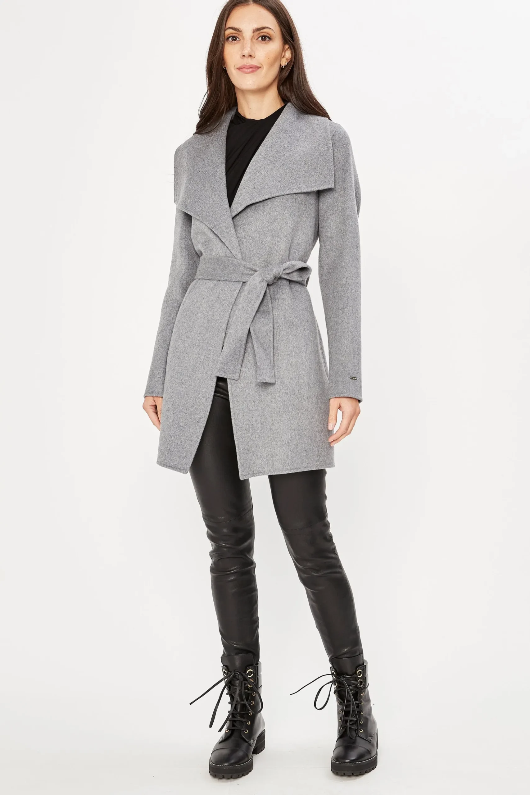 Elie Tahari Coats-Tahari Double Face Wool Lightweight Wrap Coat Ash