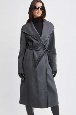 Elie Tahari Coats-Tahari Double Face Wool Vegan Leather Trim Coat CHARCOAL