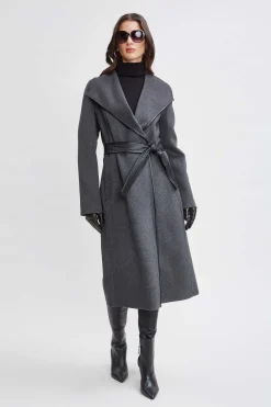 Elie Tahari Coats-Tahari Double Face Wool Vegan Leather Trim Coat CHARCOAL