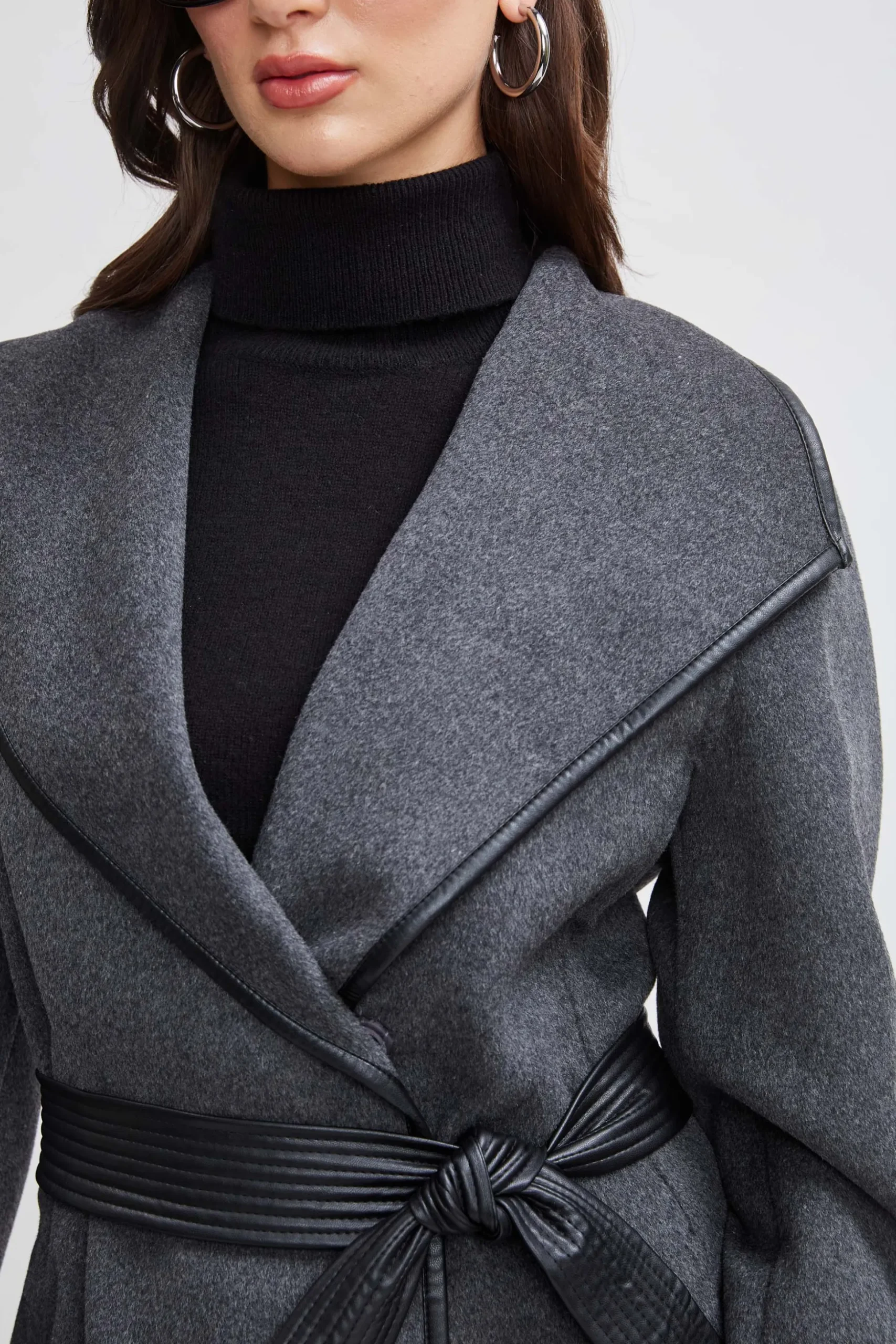 Elie Tahari Coats-Tahari Double Face Wool Vegan Leather Trim Coat CHARCOAL