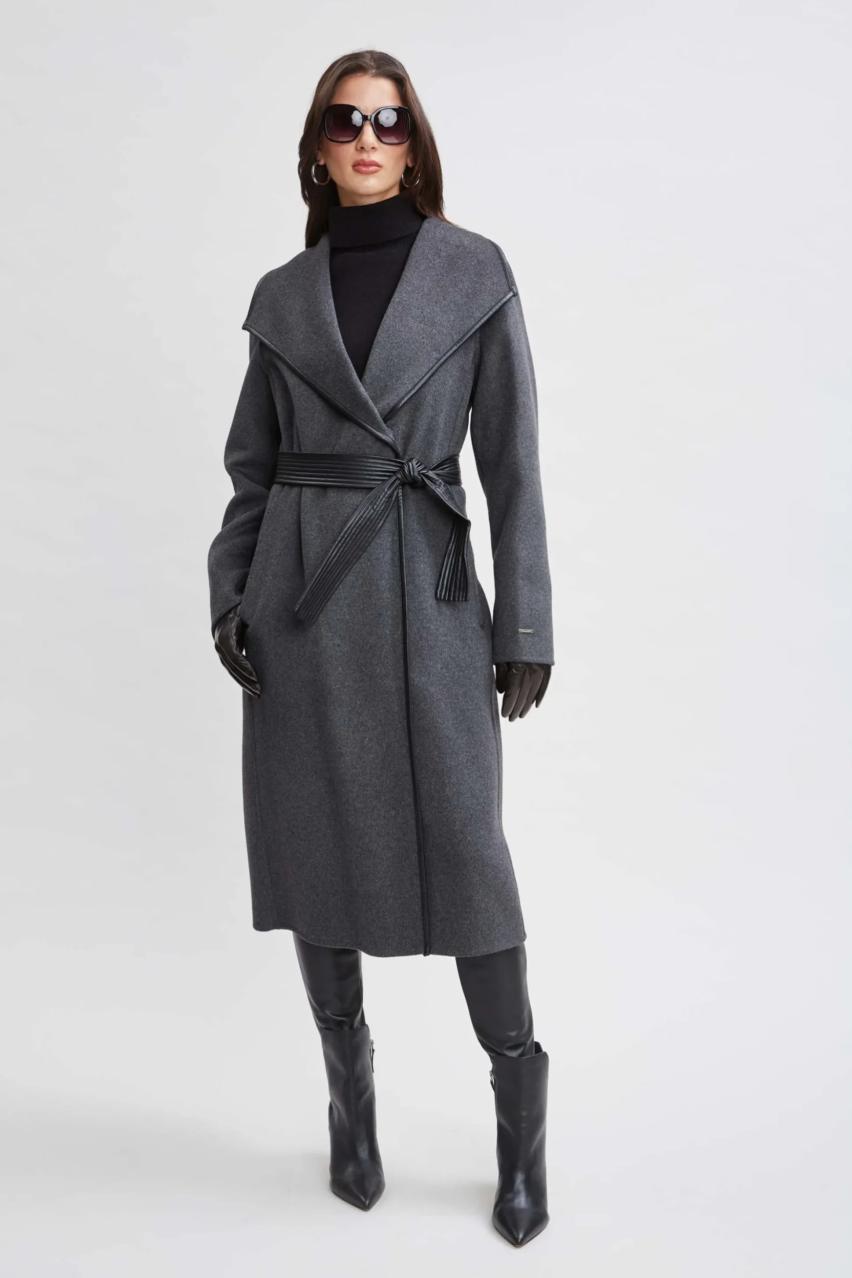 Elie Tahari Coats-Tahari Double Face Wool Vegan Leather Trim Coat CHARCOAL