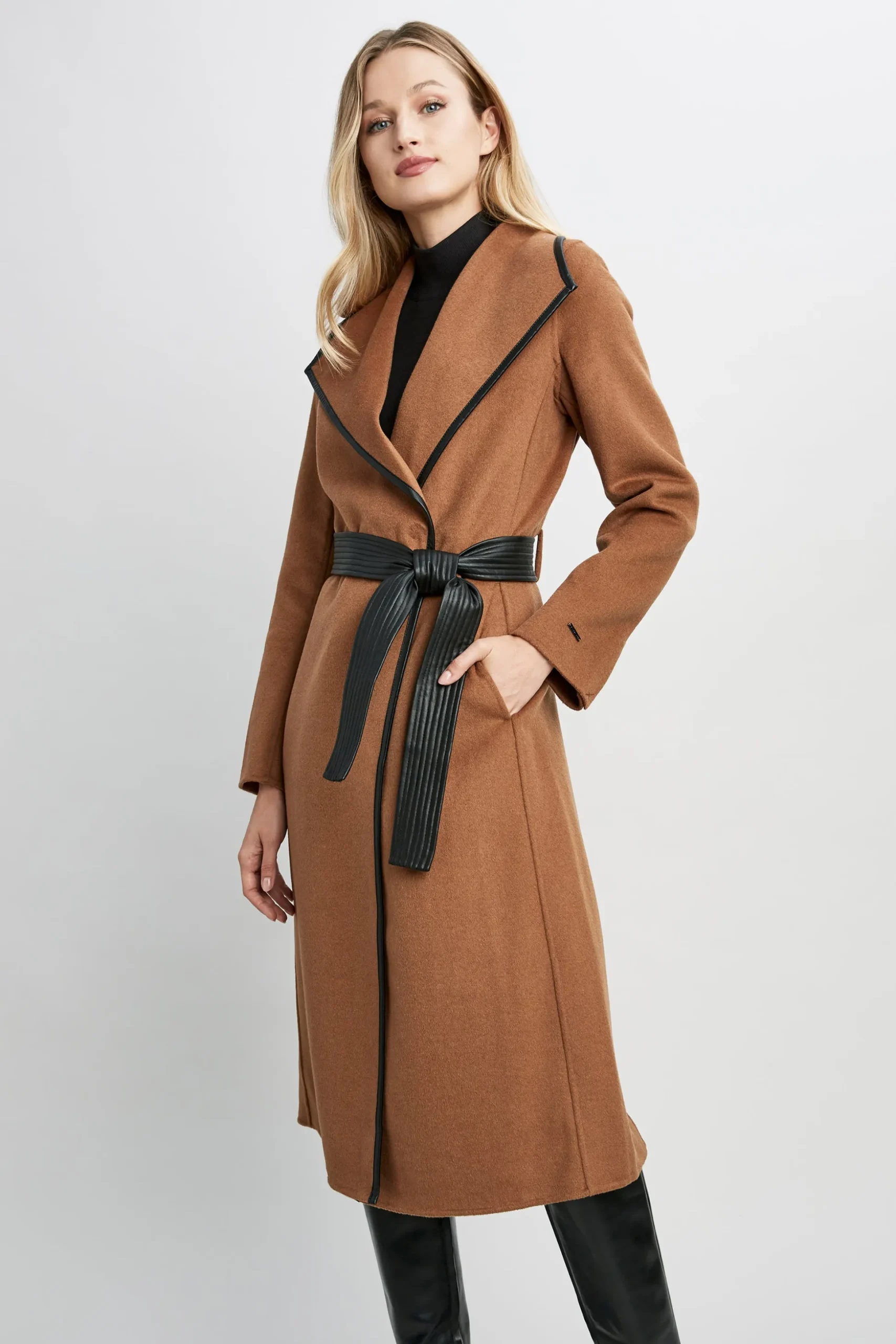 Elie Tahari Coats-Tahari Double Face Wool Vegan Leather Trim Coat Caramel