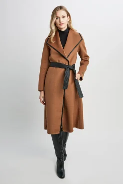 Elie Tahari Coats-Tahari Double Face Wool Vegan Leather Trim Coat Caramel