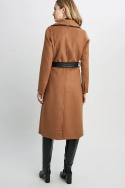 Elie Tahari Coats-Tahari Double Face Wool Vegan Leather Trim Coat Caramel