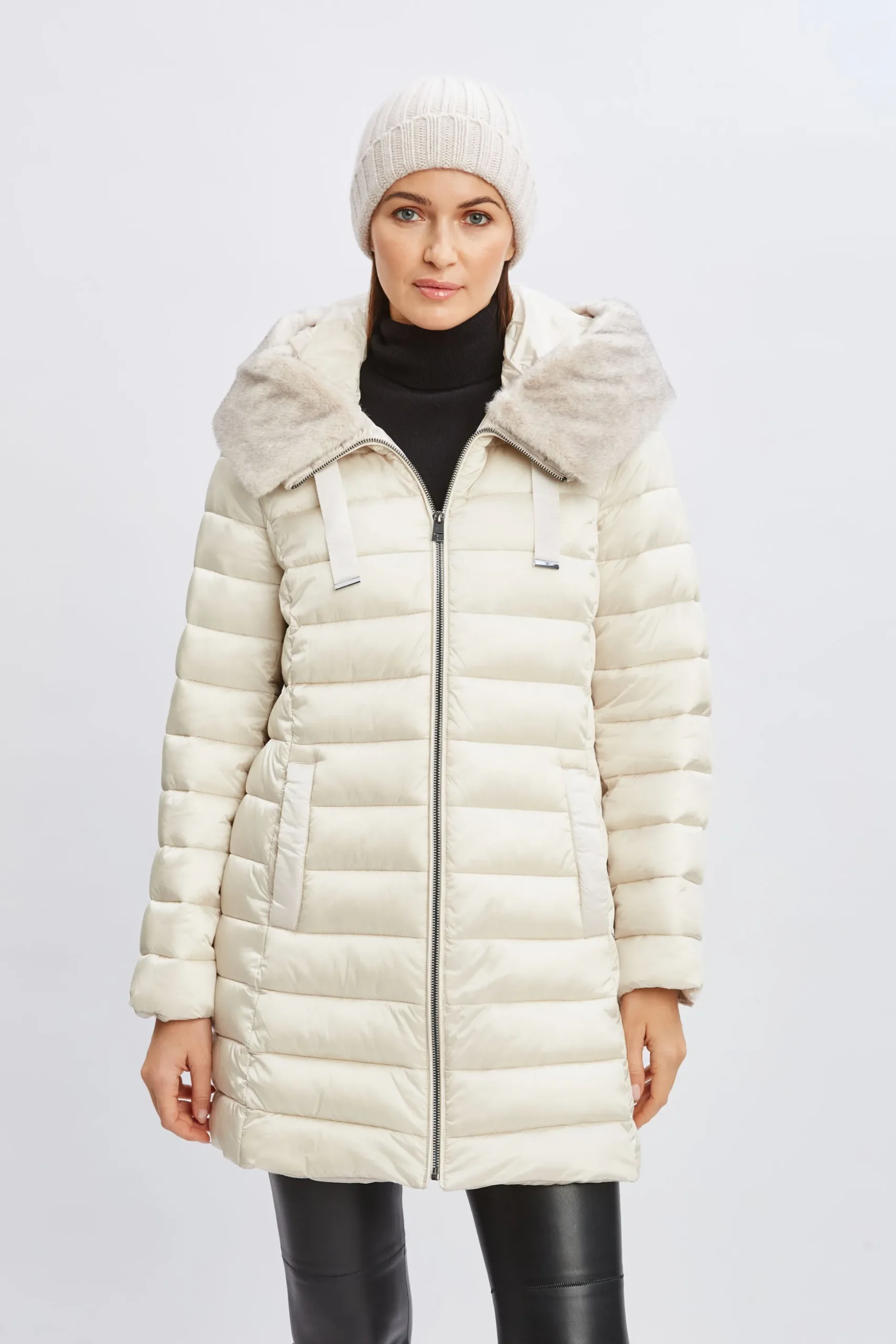 Elie Tahari Coats-Tahari Faux Fur Collar Puffer Coat FROST