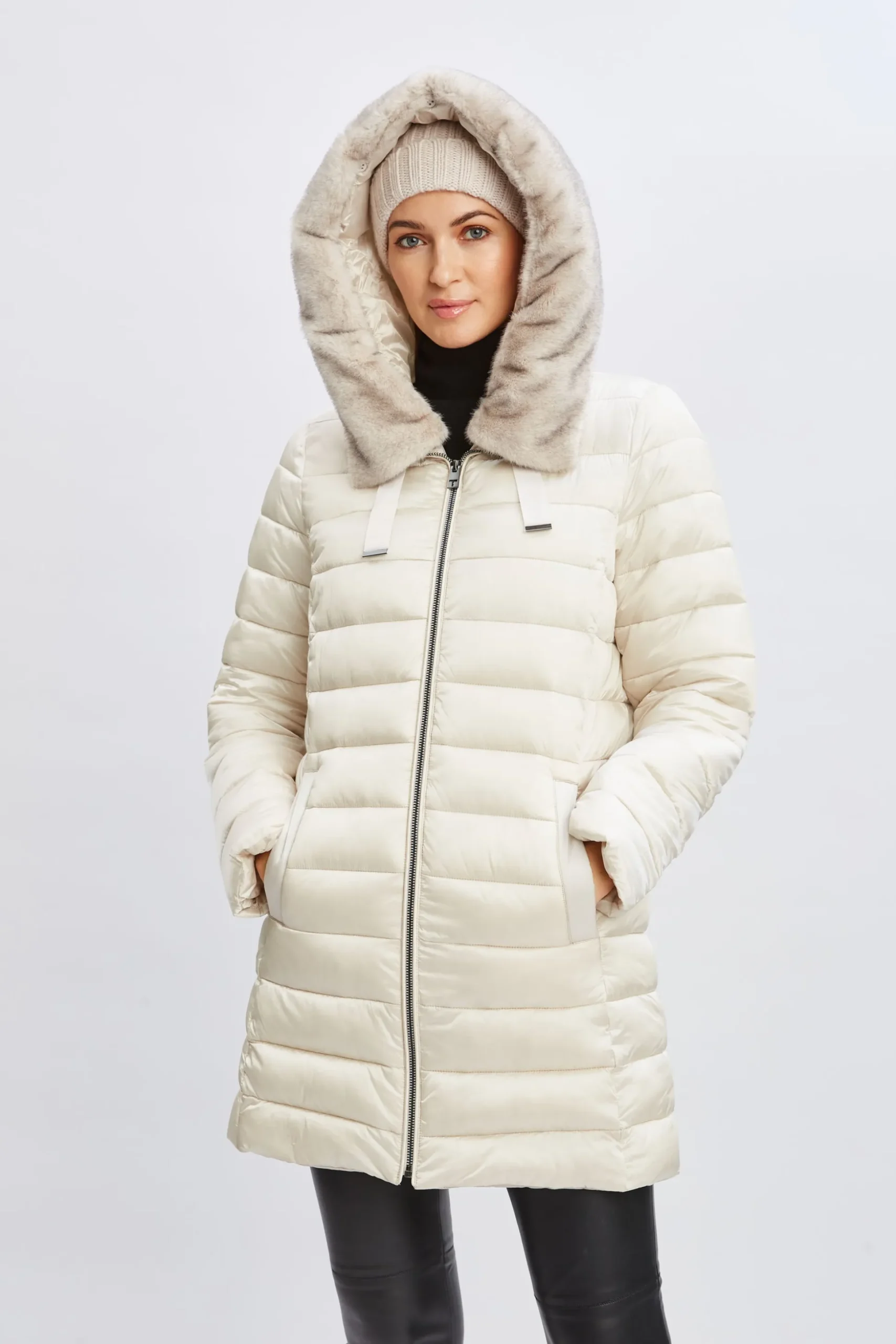 Elie Tahari Coats-Tahari Faux Fur Collar Puffer Coat FROST