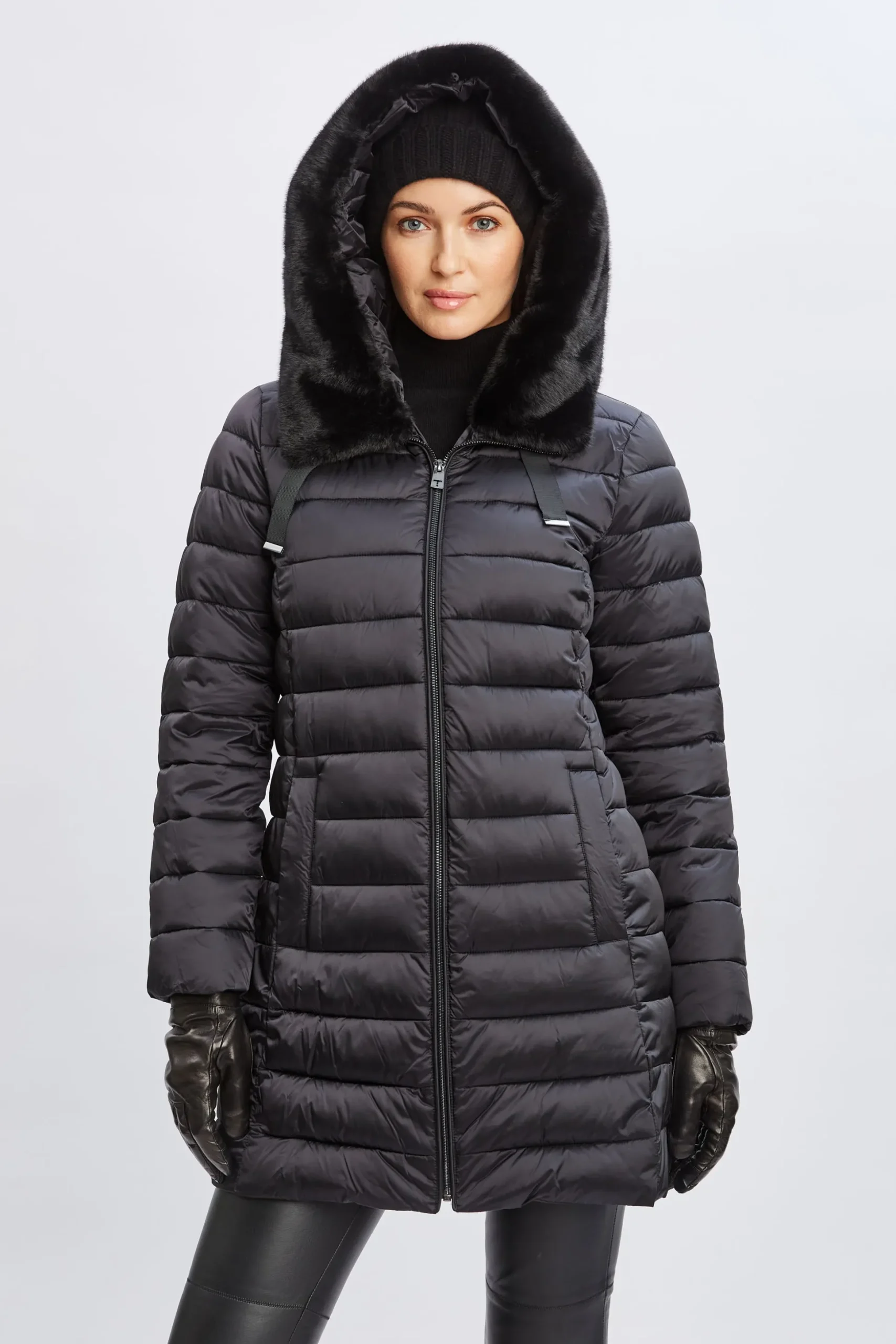 Elie Tahari Coats-Tahari Faux Fur Collar Puffer Coat BLACK