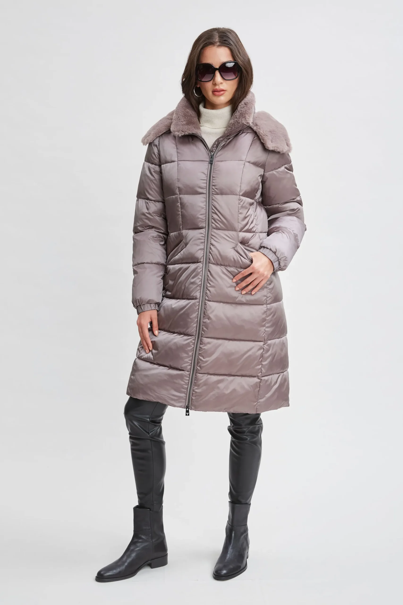 Elie Tahari Coats-Tahari Faux Fur Trimmed Puffer Coat PEWTER