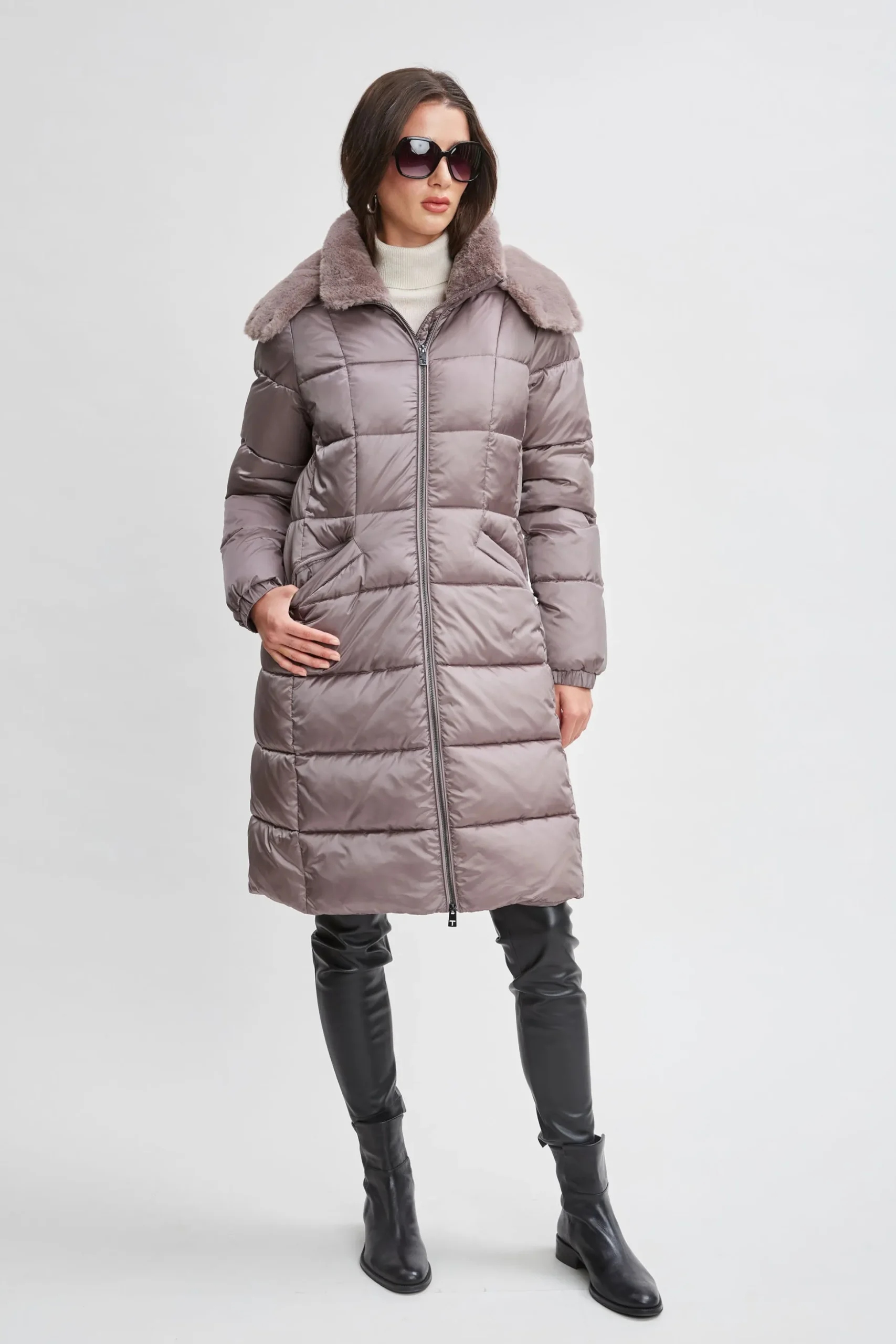 Elie Tahari Coats-Tahari Faux Fur Trimmed Puffer Coat PEWTER