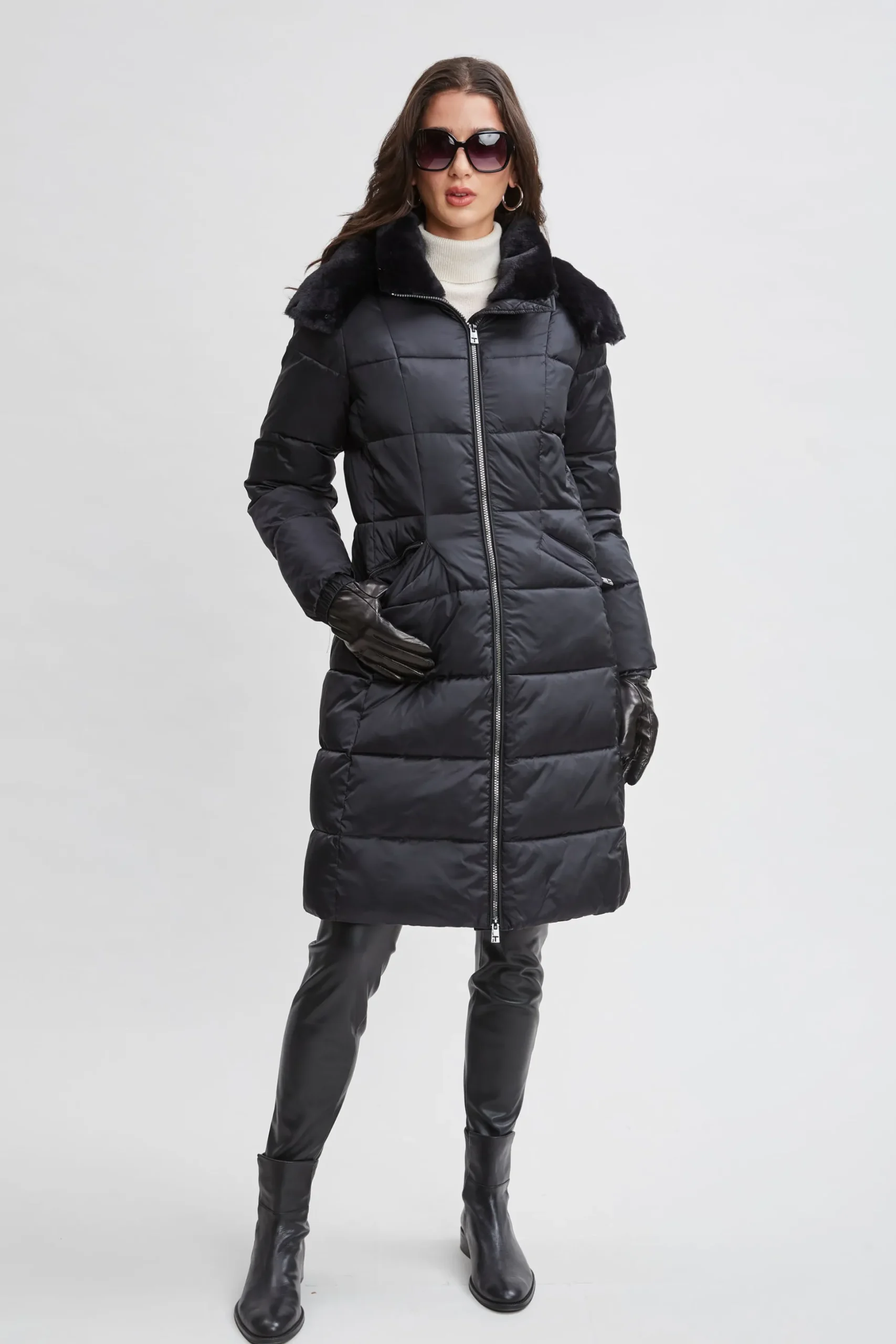 Elie Tahari Coats-Tahari Faux Fur Trimmed Puffer Coat BLACK