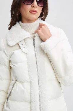 Elie Tahari Coats-Tahari Faux Shearling Puffer Coat CREAM