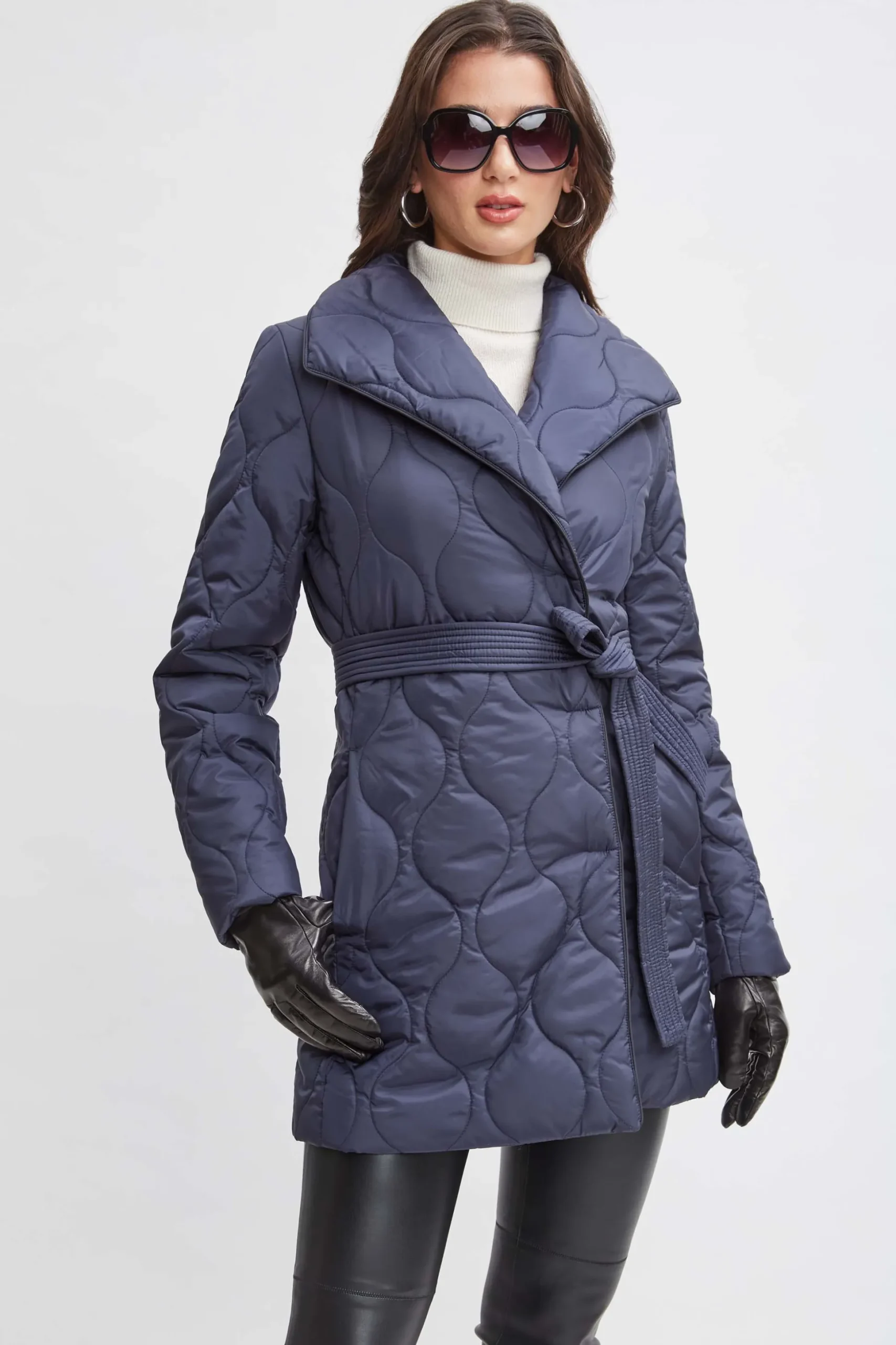 Elie Tahari Coats-Tahari Lightweight Quilted Wrap Puffer Coat Navy