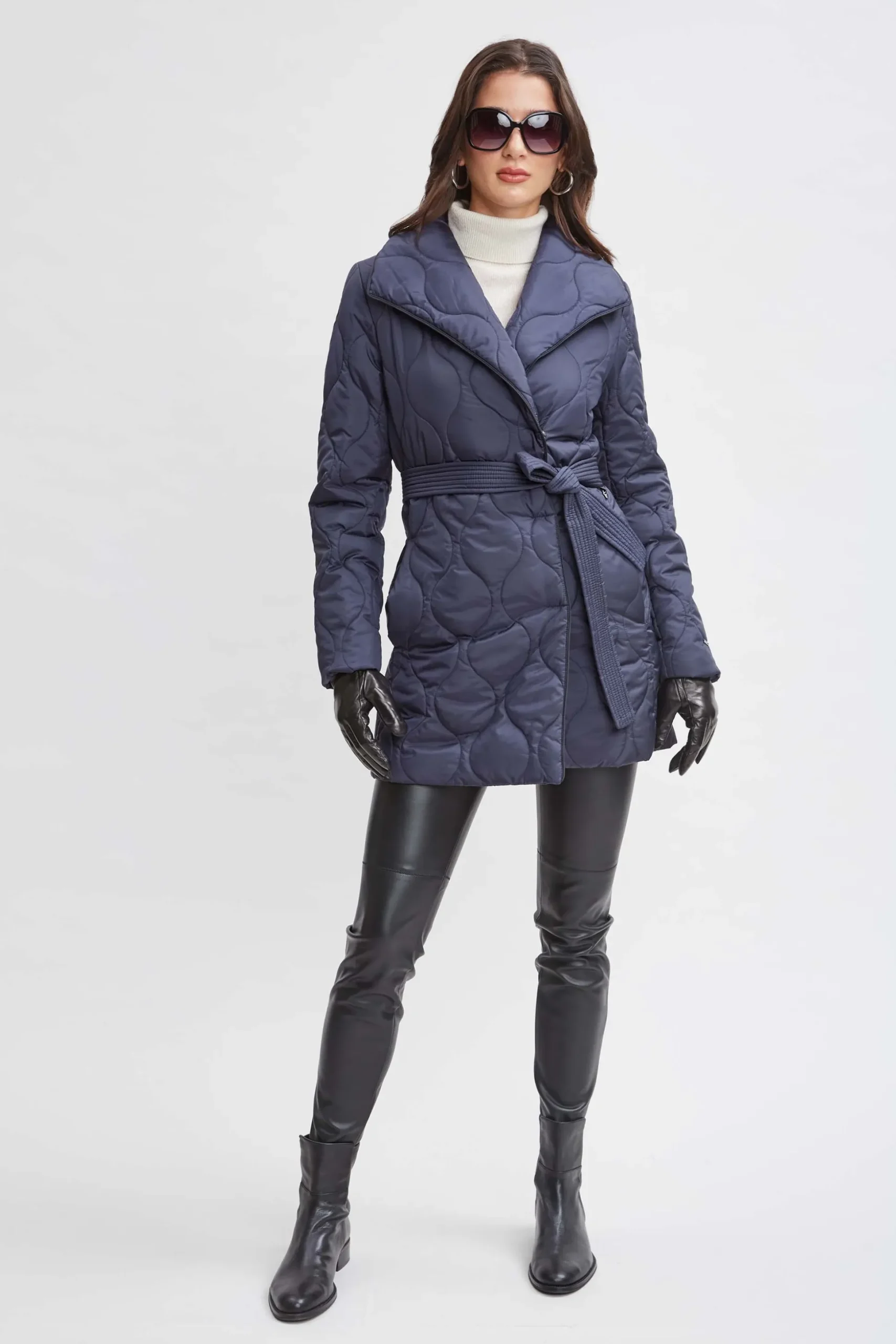 Elie Tahari Coats-Tahari Lightweight Quilted Wrap Puffer Coat Navy