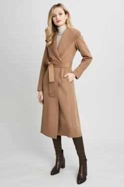 Elie Tahari Coats-Tahari Long Double Face Wool Blend Wrap Coat Camel