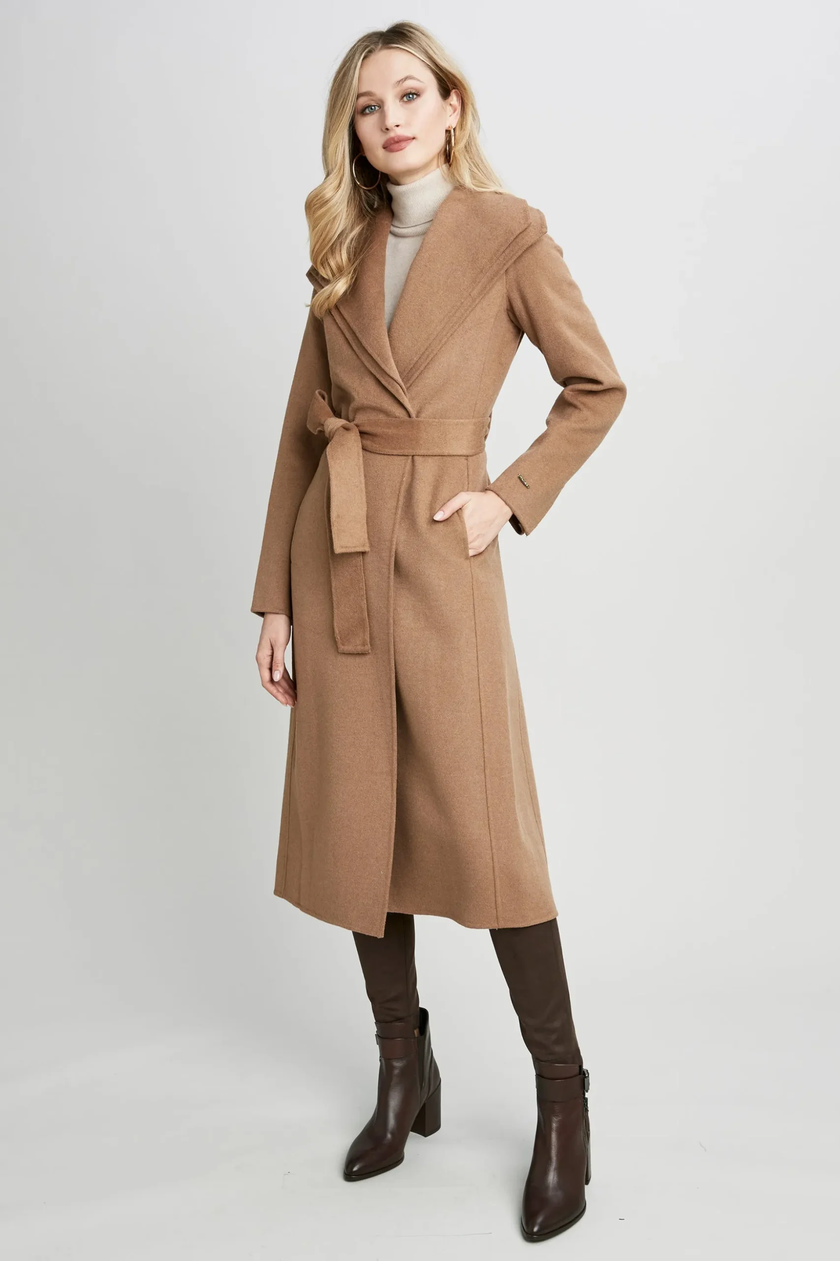 Elie Tahari Coats-Tahari Long Double Face Wool Blend Wrap Coat Camel
