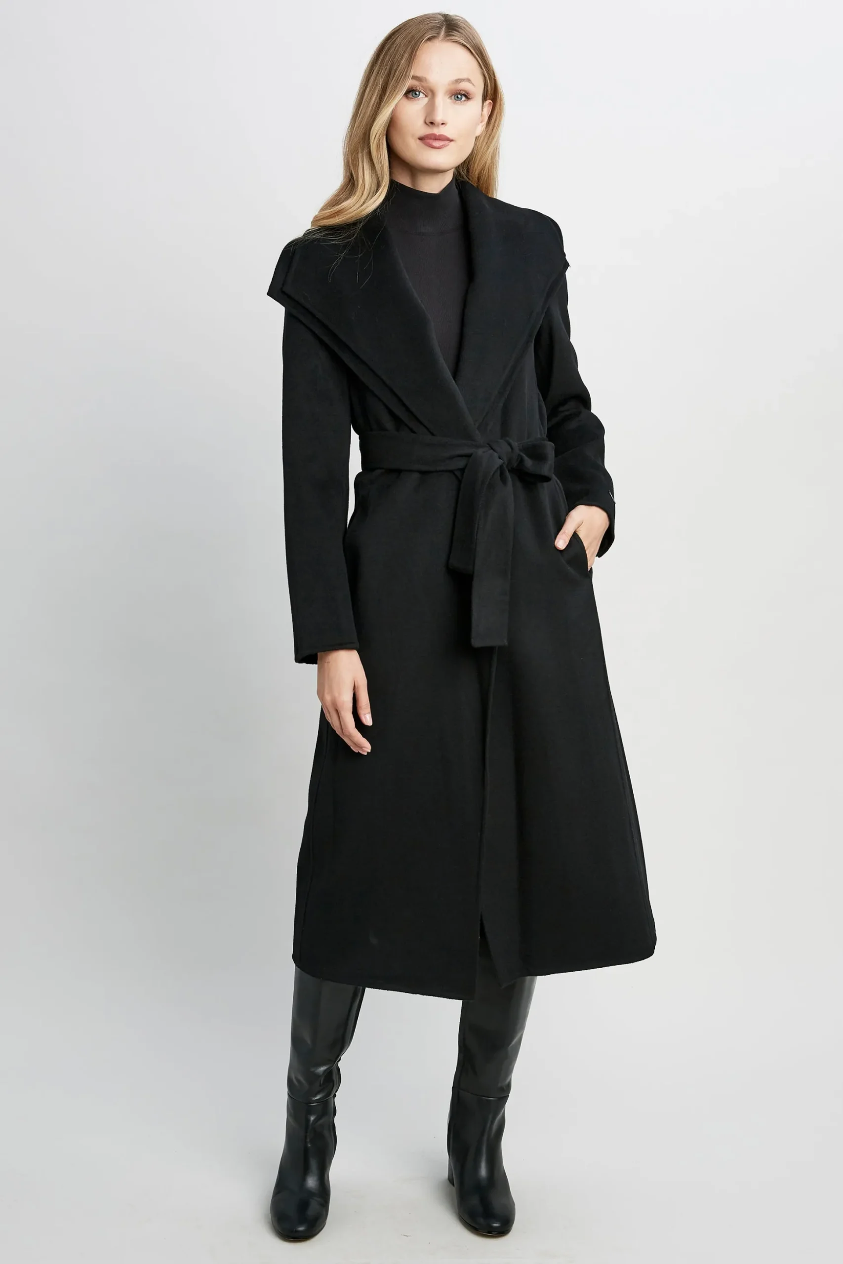 Elie Tahari Coats-Tahari Long Double Face Wool Blend Wrap Coat BLACK