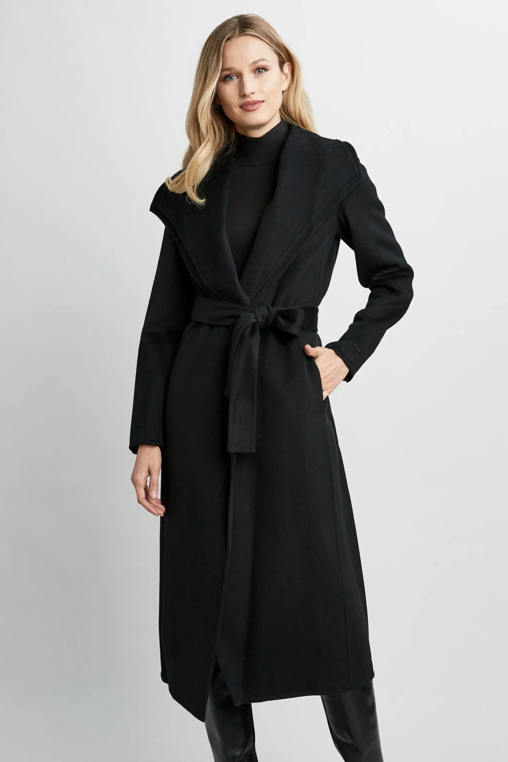 Elie Tahari Coats-Tahari Long Double Face Wool Blend Wrap Coat BLACK