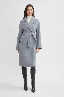 Elie Tahari Coats-Tahari Long Double Face Wool Blend Stitched Wrap Coat Ash