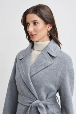 Elie Tahari Coats-Tahari Long Double Face Wool Blend Stitched Wrap Coat Ash