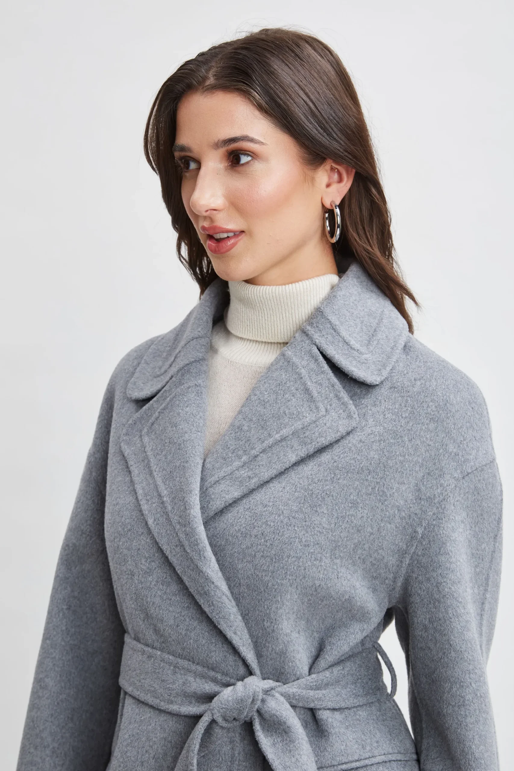 Elie Tahari Coats-Tahari Long Double Face Wool Blend Stitched Wrap Coat Ash