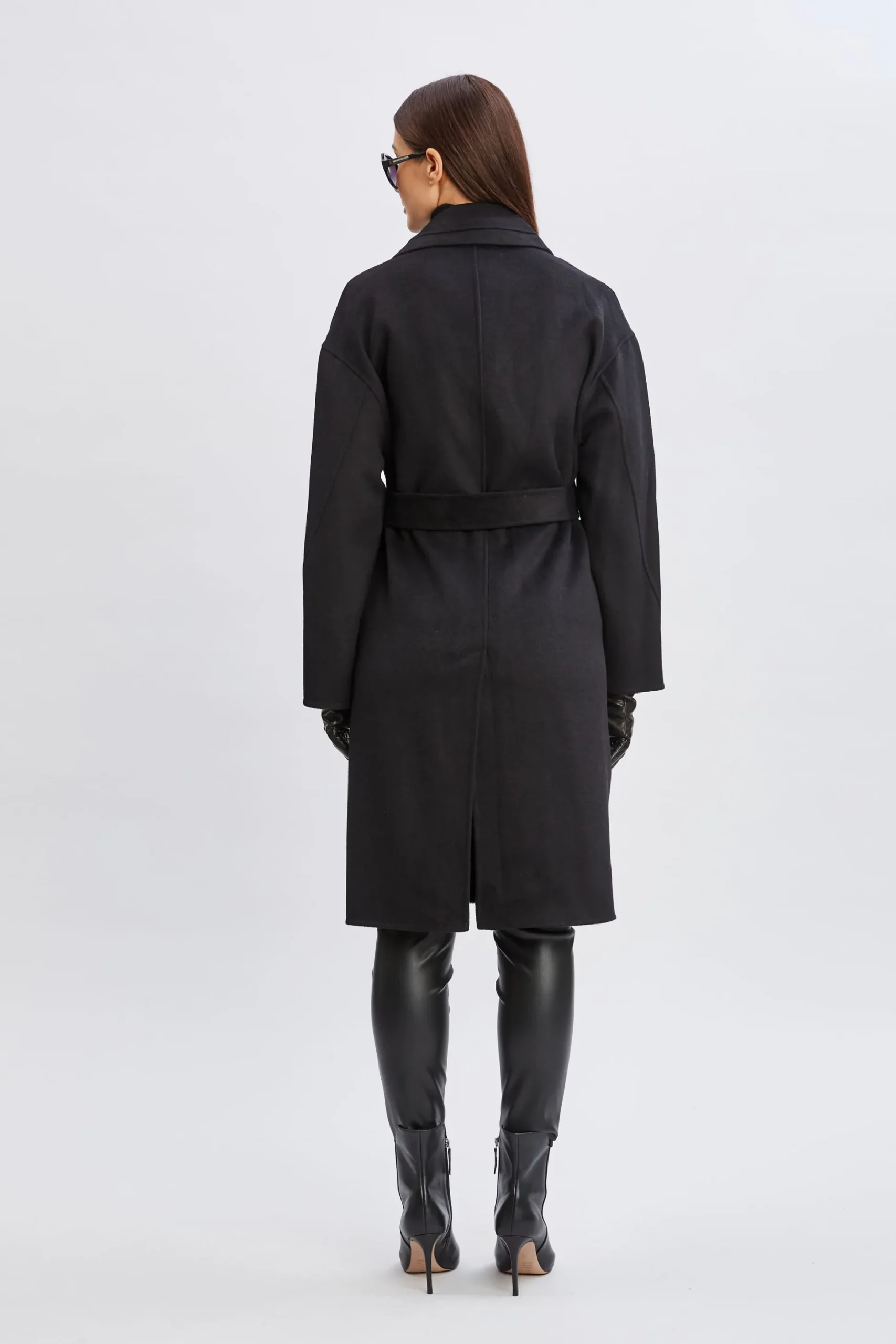 Elie Tahari Coats-Tahari Long Double Face Wool Blend Stitched Wrap Coat BLACK
