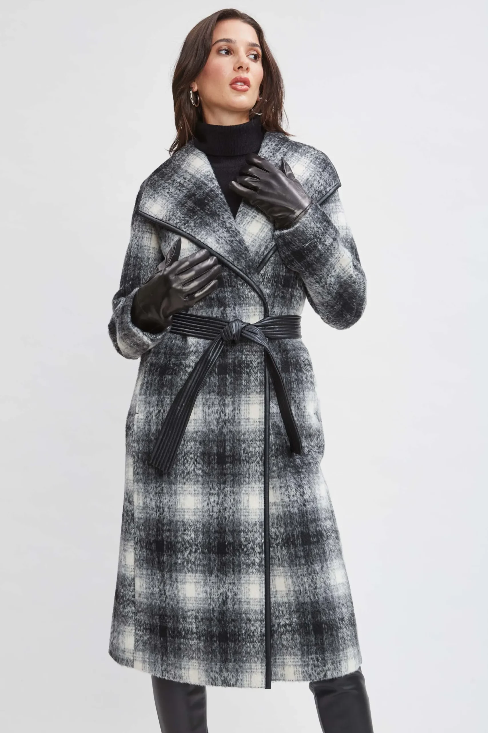 Elie Tahari Coats-Tahari Plaid Vegan Trim Wrap Coat BlackWhite