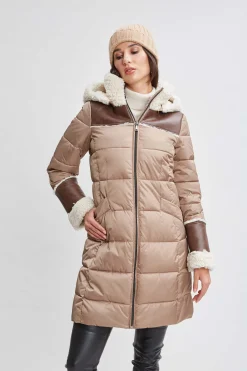 Elie Tahari Coats-Tahari Shearling Trim Puffer Coat Taupe
