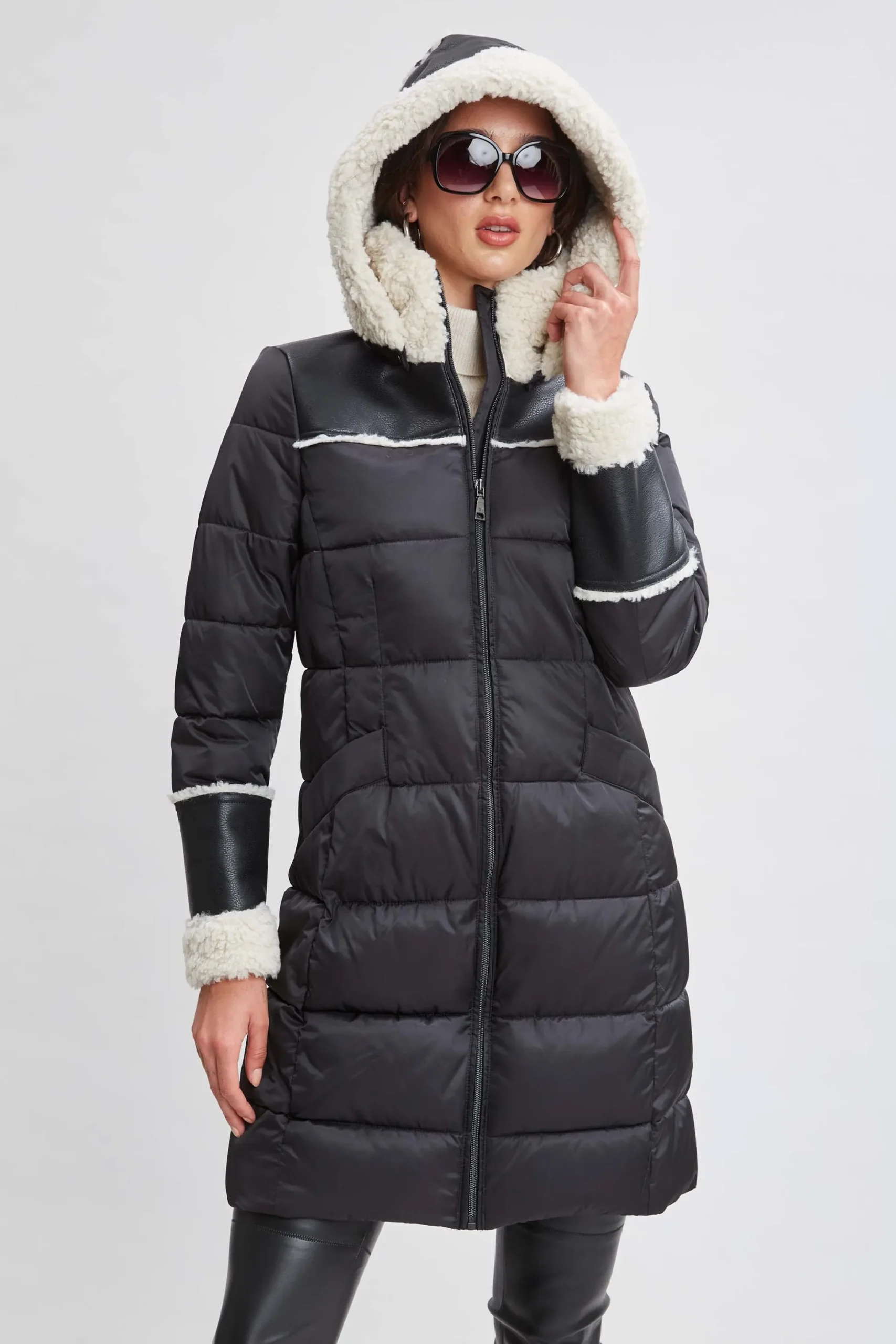 Elie Tahari Coats-Tahari Shearling Trim Puffer Coat BLACK