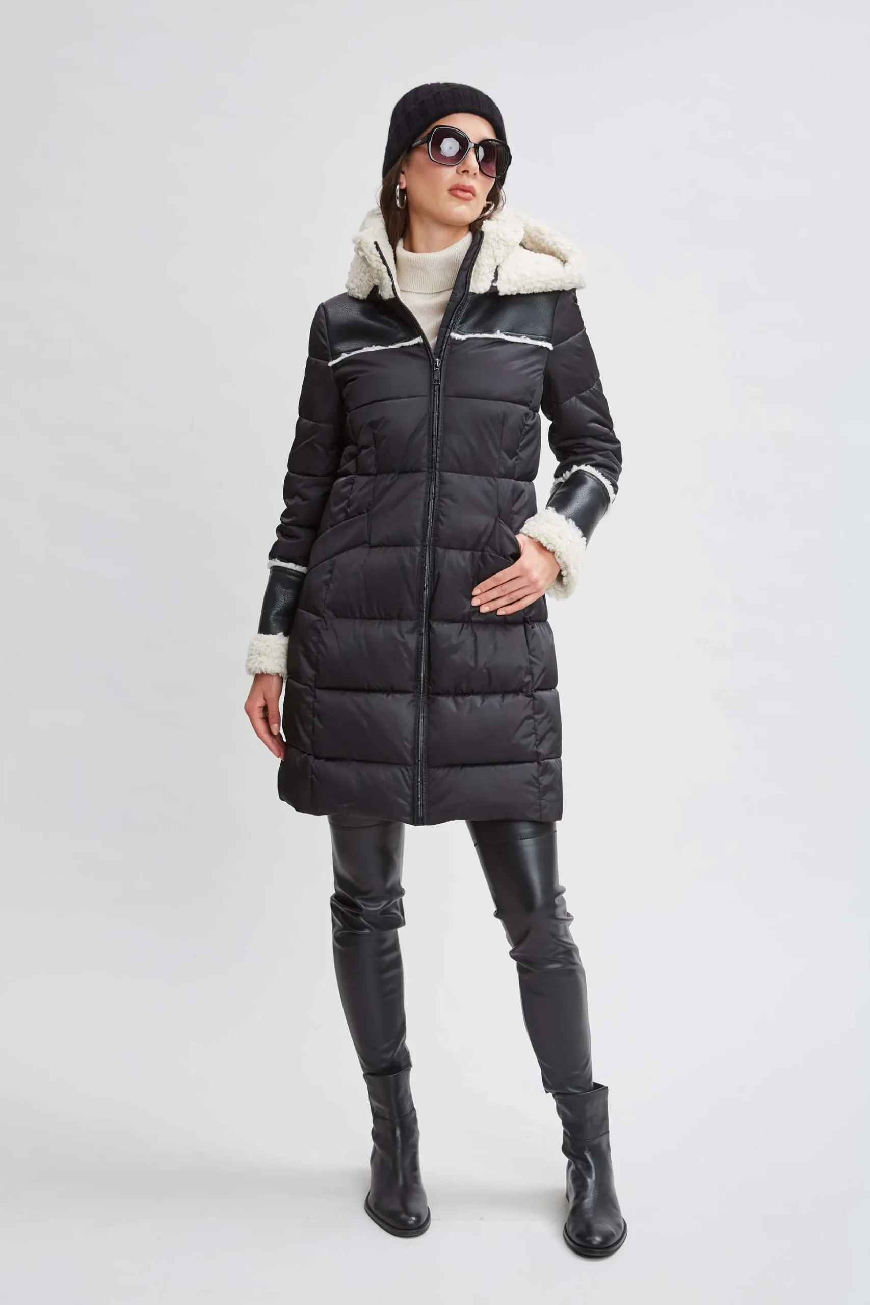 Elie Tahari Coats-Tahari Shearling Trim Puffer Coat BLACK