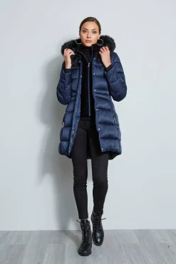 Elie Tahari Coats-Tahari Stitched Faux Fur Hood Puffer Coat Galaxy