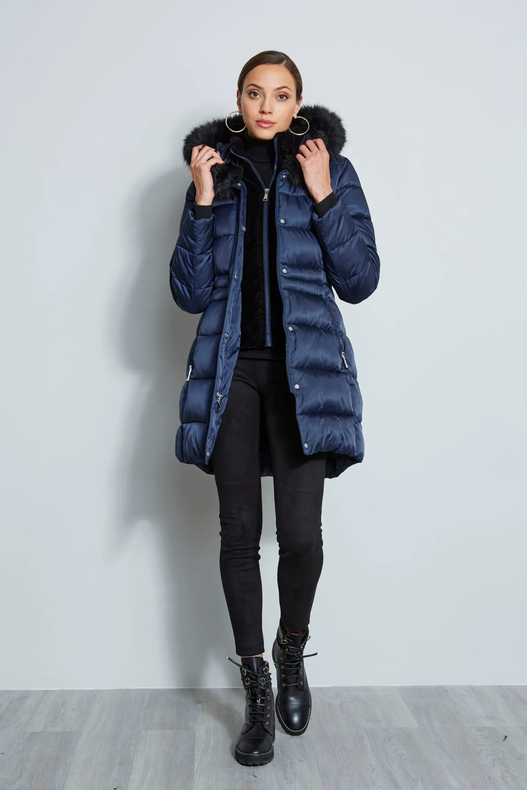 Elie Tahari Coats-Tahari Stitched Faux Fur Hood Puffer Coat Galaxy