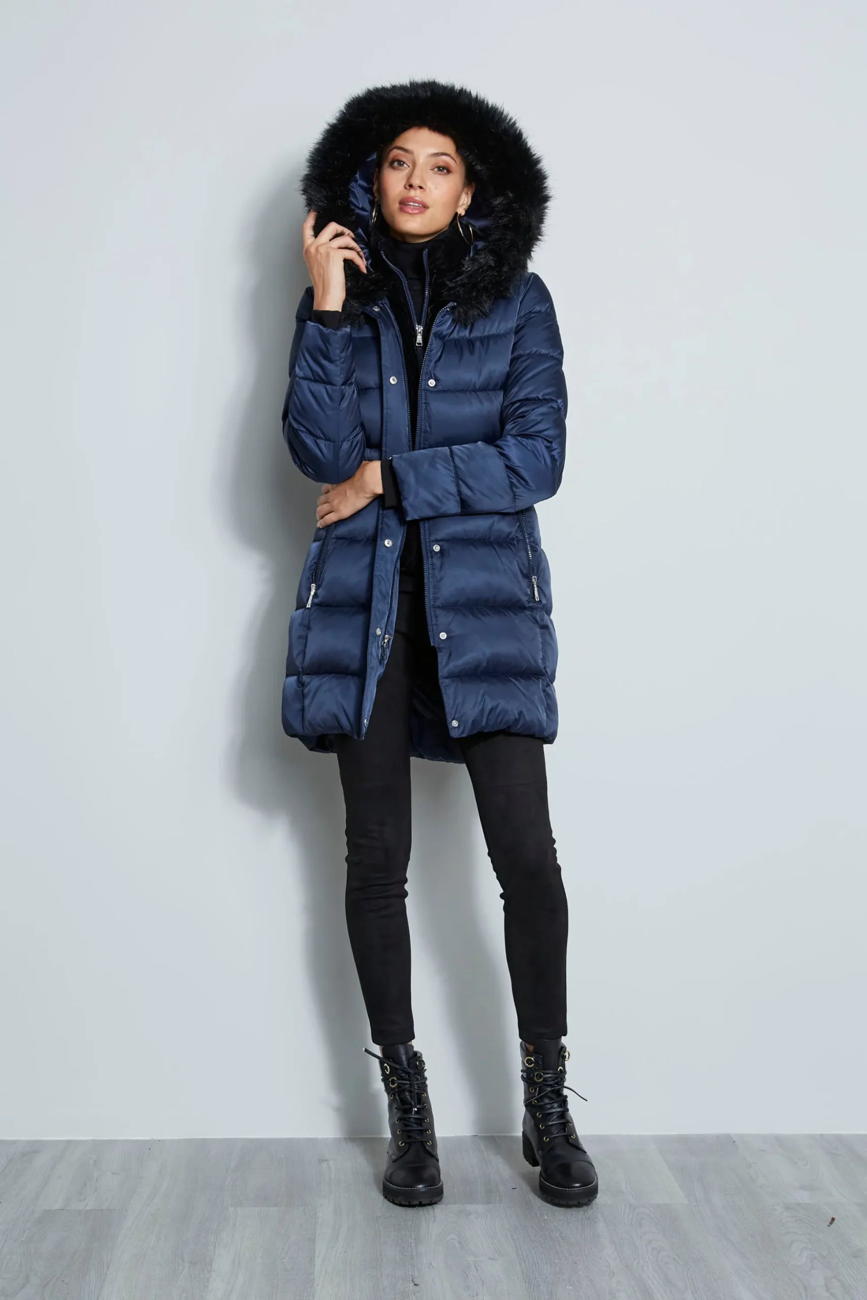 Elie Tahari Coats-Tahari Stitched Faux Fur Hood Puffer Coat Galaxy