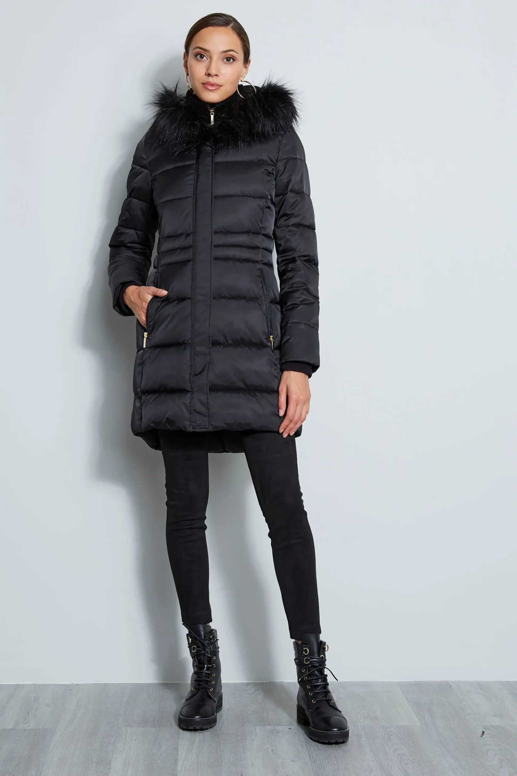 Elie Tahari Coats-Tahari Stitched Faux Fur Hood Puffer Coat BLACK