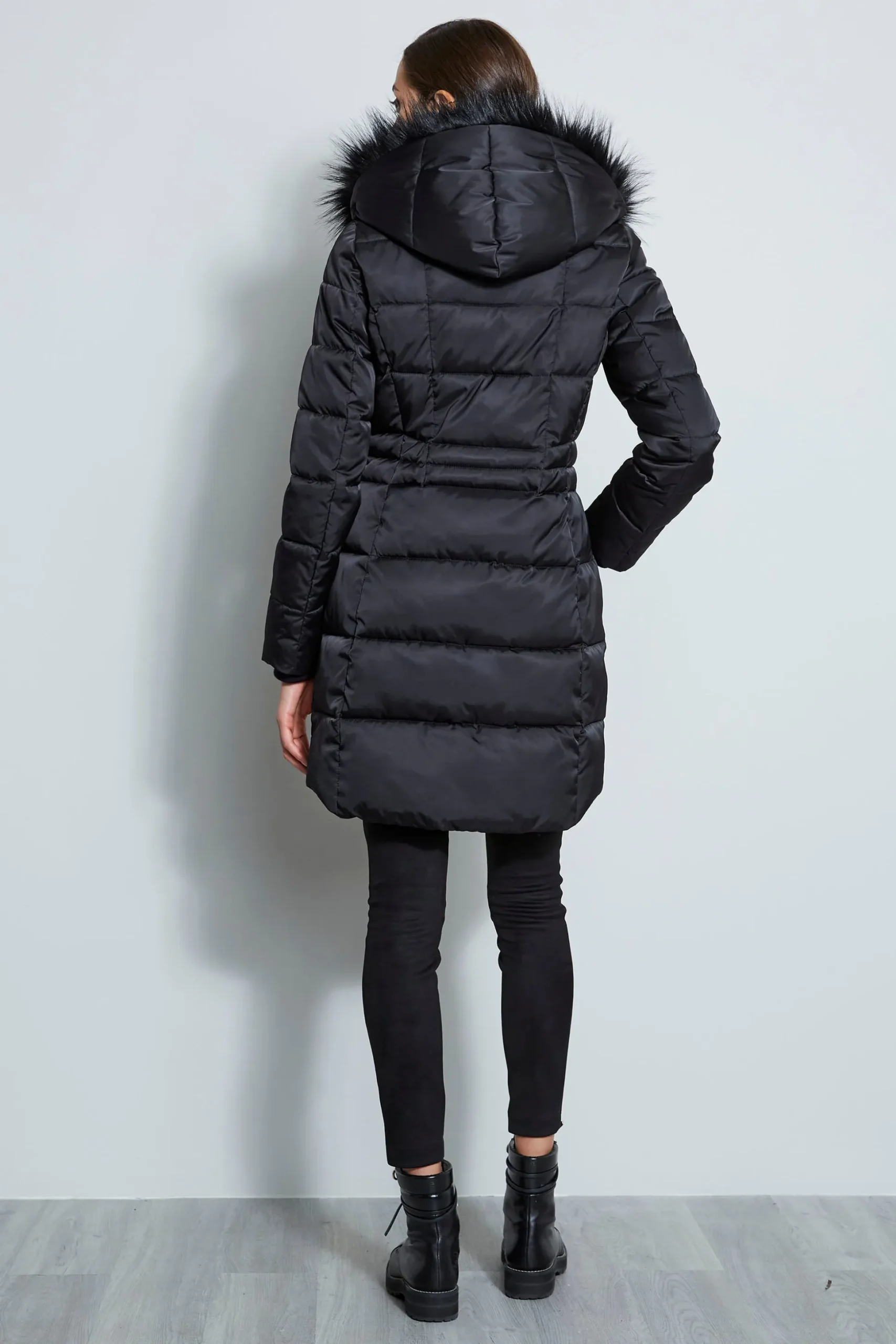 Elie Tahari Coats-Tahari Stitched Faux Fur Hood Puffer Coat BLACK