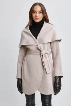 Elie Tahari Coats-Tahari Wool Blend Shawl Collar Wrap Coat SOFTALMOND