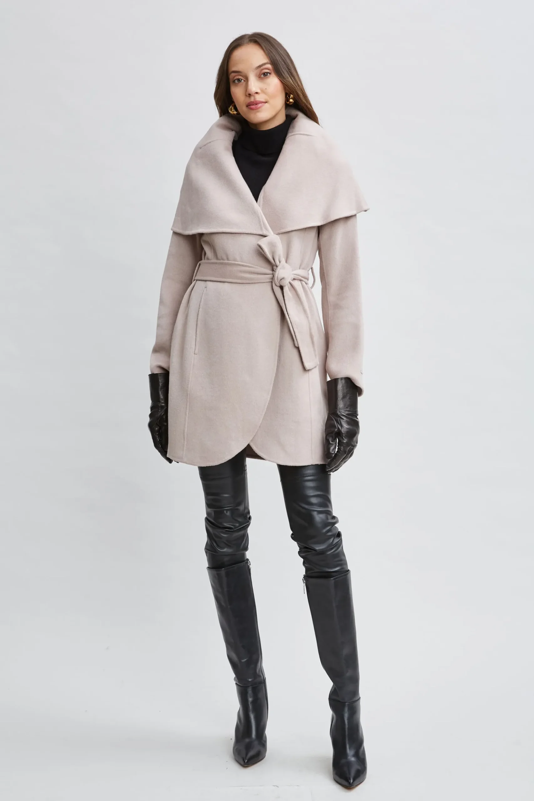Elie Tahari Coats-Tahari Wool Blend Shawl Collar Wrap Coat SOFTALMOND
