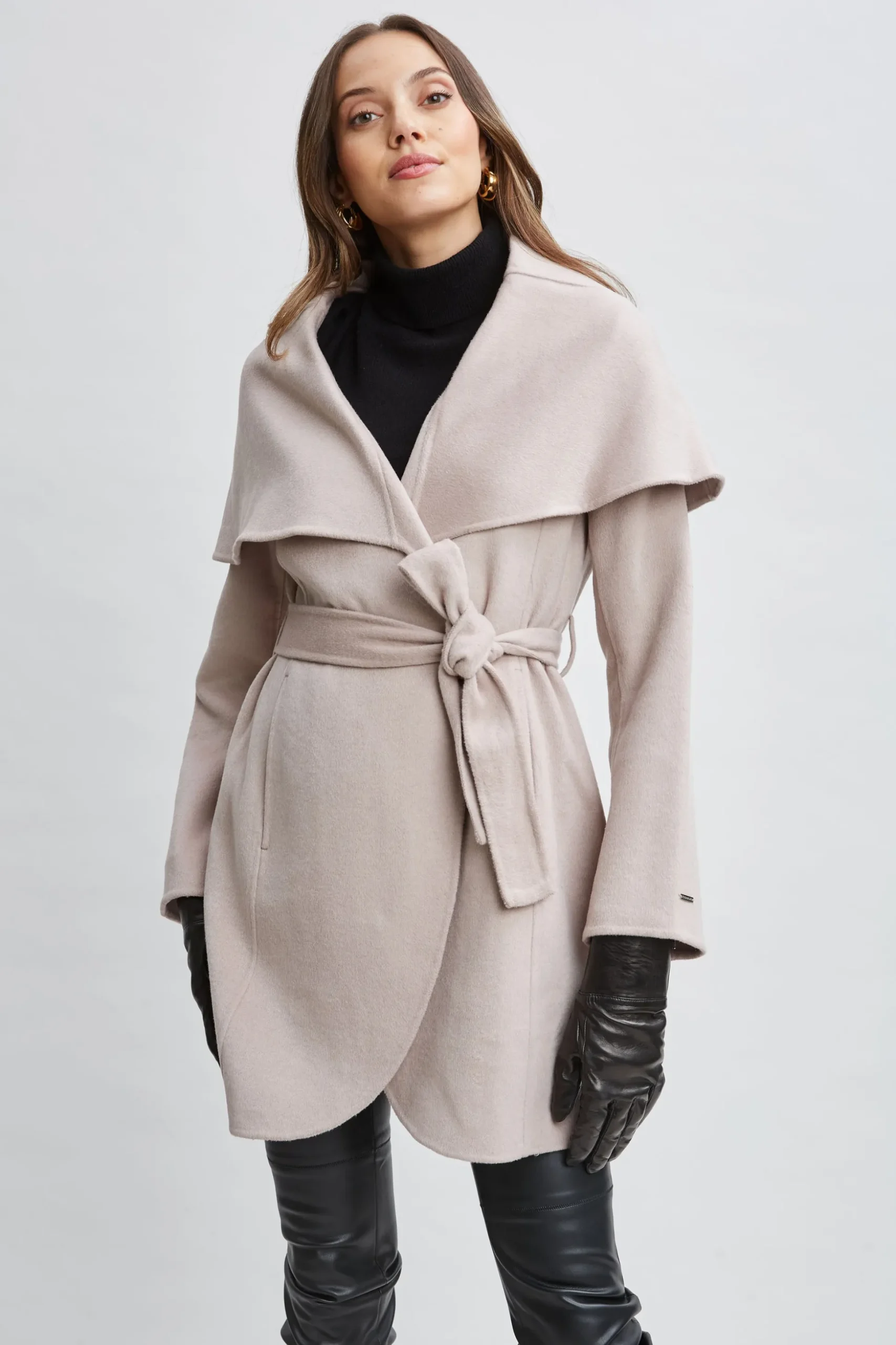 Elie Tahari Coats-Tahari Wool Blend Shawl Collar Wrap Coat SOFTALMOND