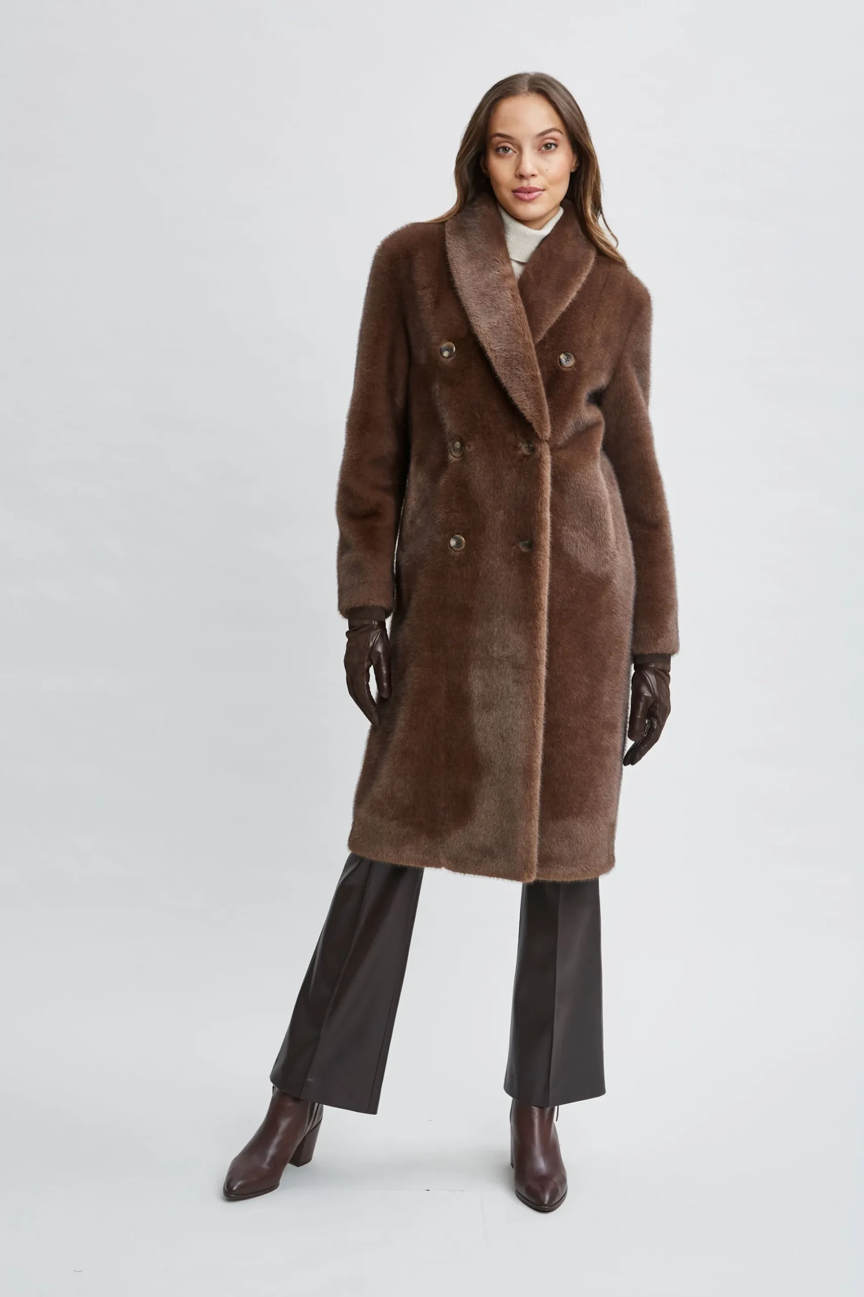 Elie Tahari Coats-Vegan Fur Double Breasted Coat COCOAMINK