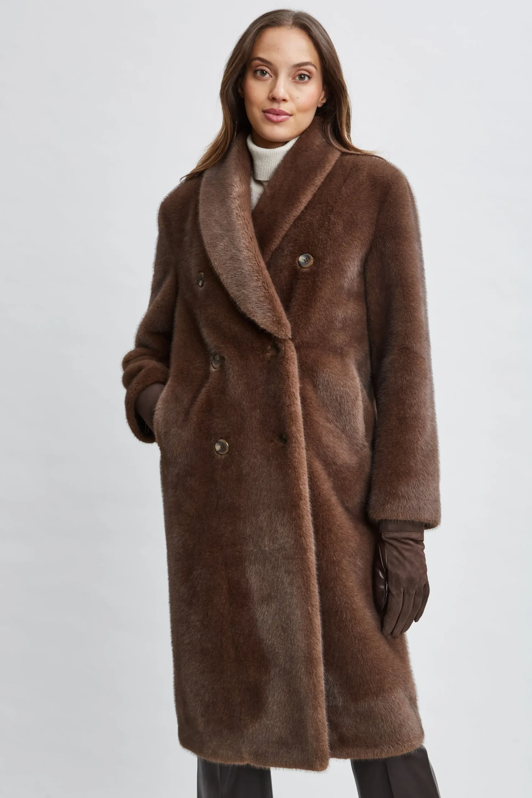Elie Tahari Coats-Vegan Fur Double Breasted Coat COCOAMINK