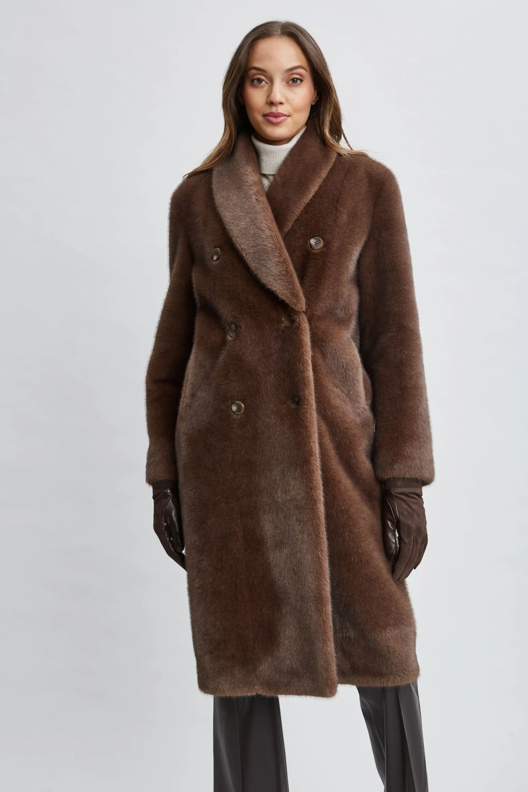 Elie Tahari Coats-Vegan Fur Double Breasted Coat COCOAMINK